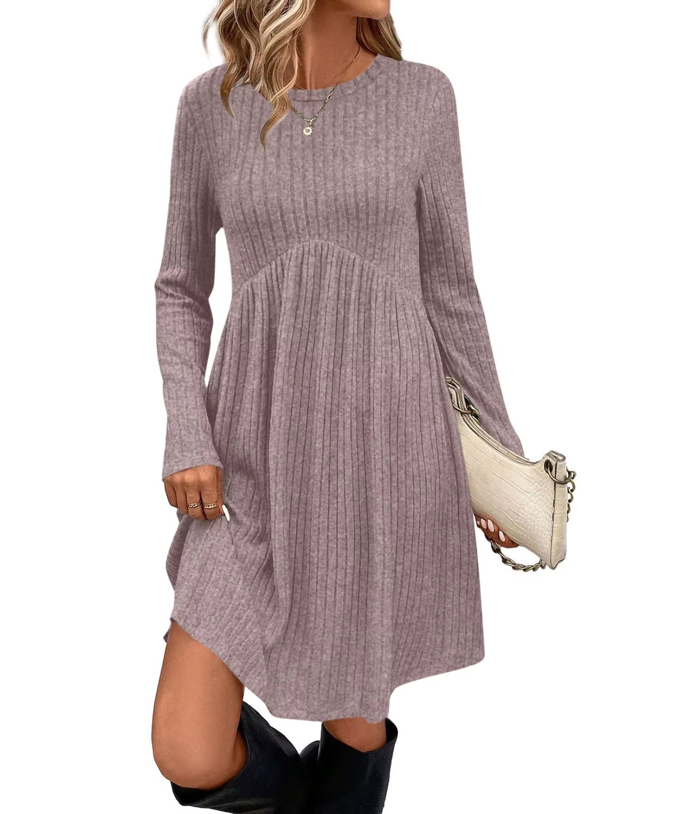 Bohemian Irregular Flocking Pure Color Long Sleeve round Neck Dress Women'S Autumn Winter Polyester Comfortable Casual Commut...