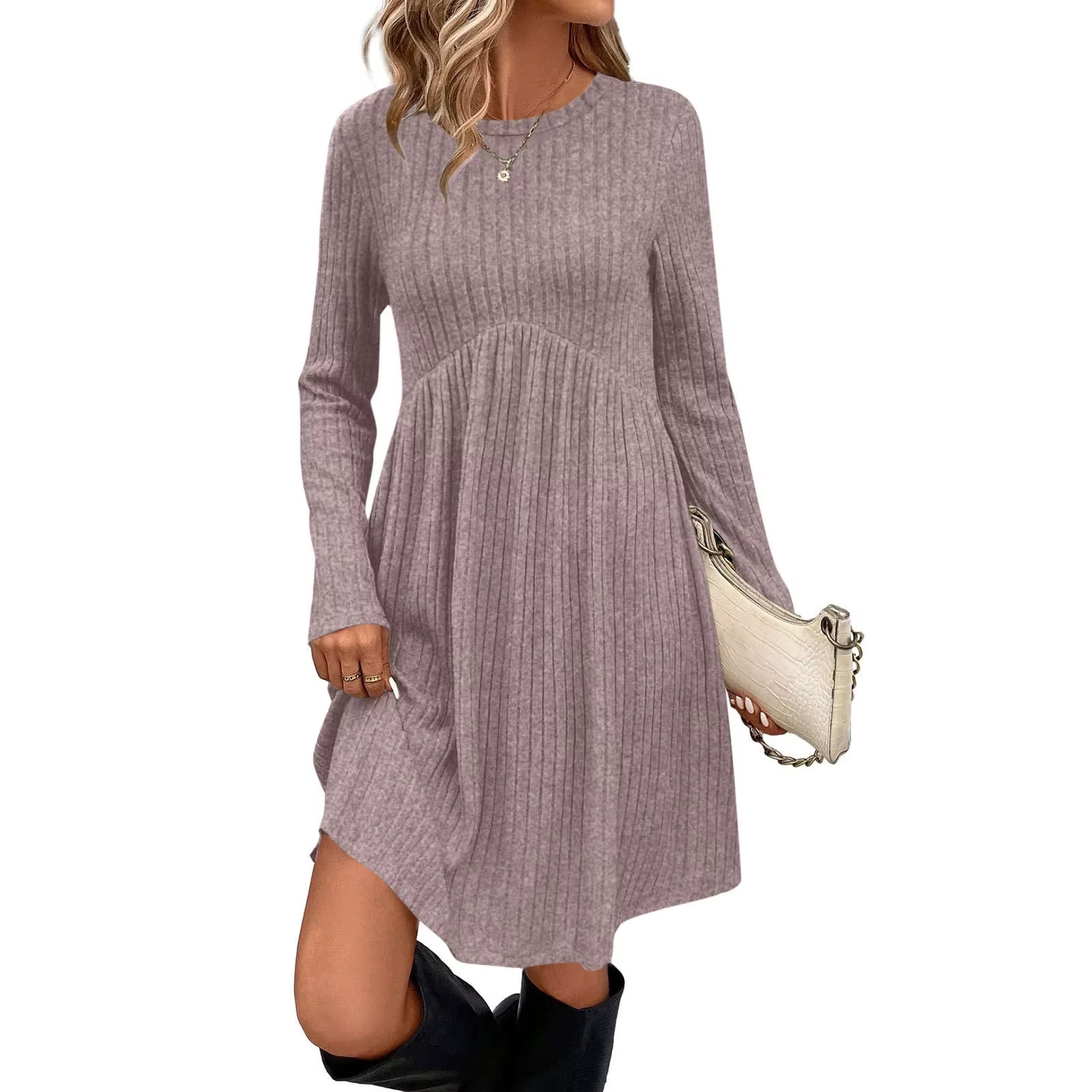 Bohemian Irregular Flocking Pure Color Long Sleeve round Neck Dress Women'S Autumn Winter Polyester Comfortable Casual Commut...