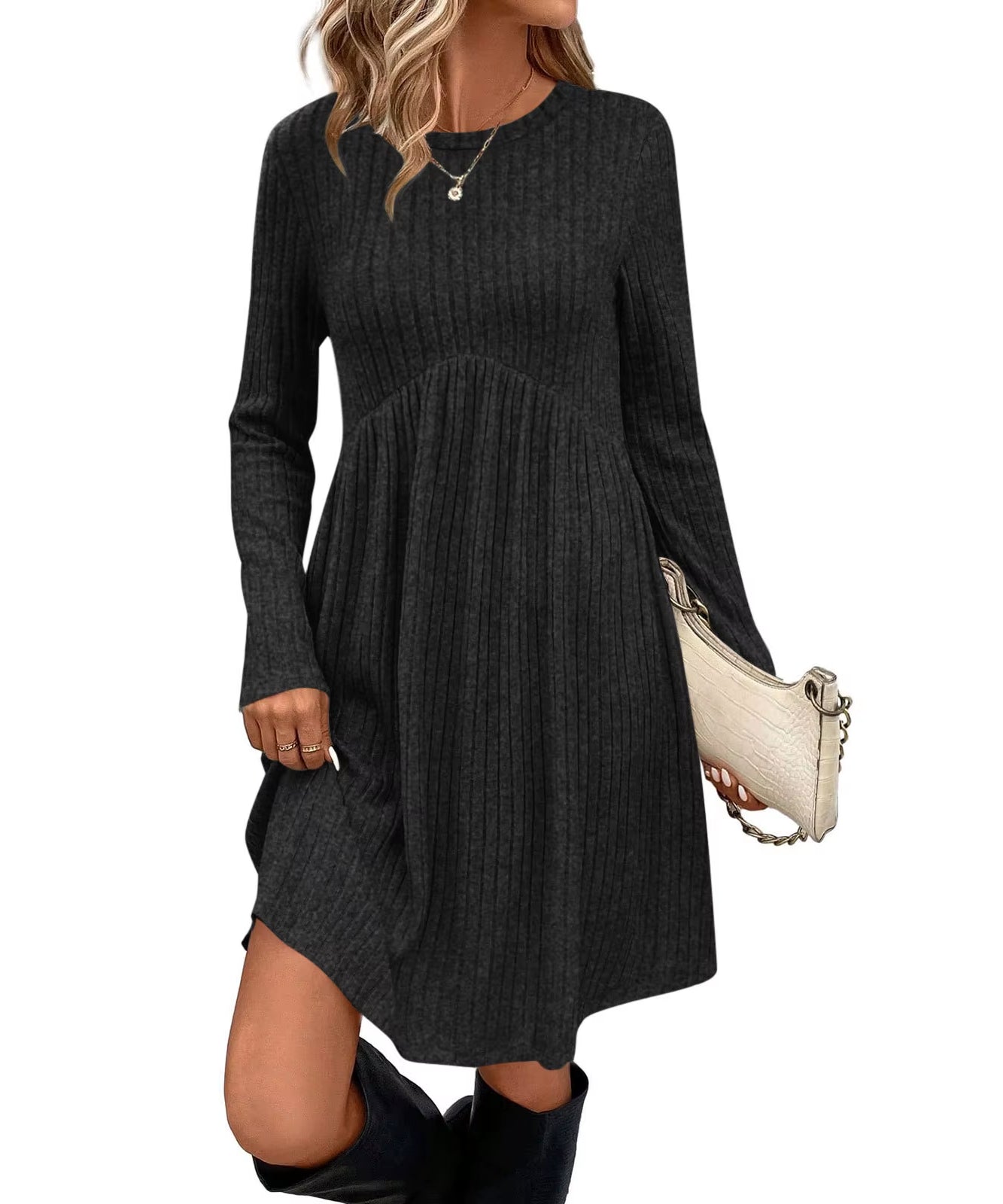 Bohemian Irregular Flocking Pure Color Long Sleeve round Neck Dress Women'S Autumn Winter Polyester Comfortable Casual Commut...