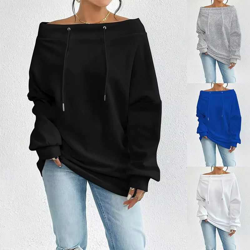 New Autumn and Winter Cross-Border Women'S Sexy off Shoulder Drawstring One Shoulder Loose Sweatshirt from Europe and America