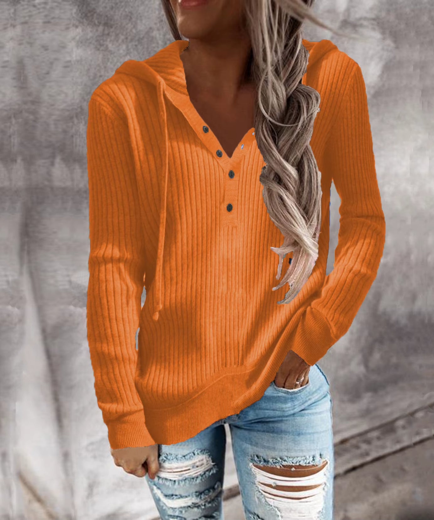 Autumn and Winter New Style Striped Casual Hoodie Loose Knit Sweater Open-Necked Long-Sleeved Sweater Woman