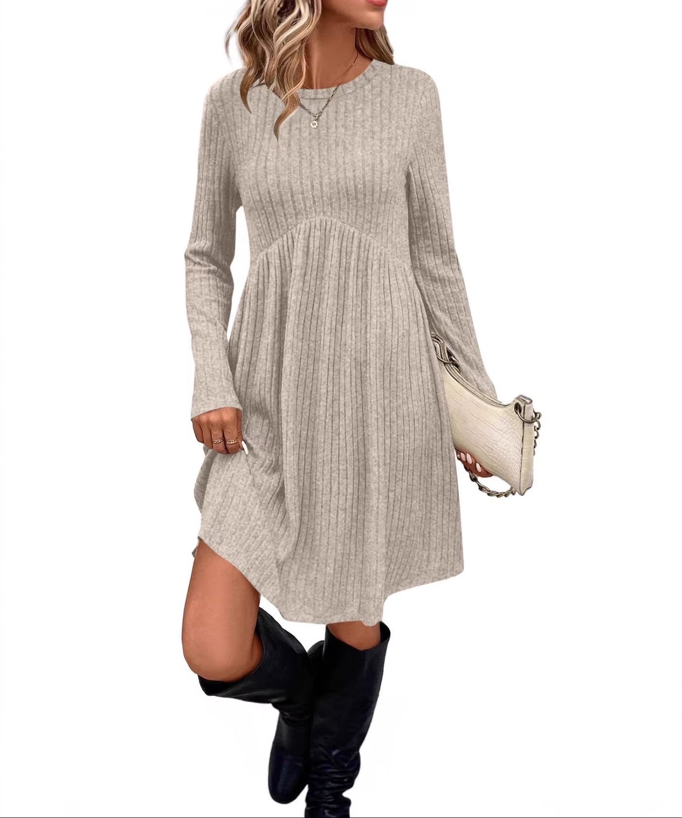 Bohemian Irregular Flocking Pure Color Long Sleeve round Neck Dress Women'S Autumn Winter Polyester Comfortable Casual Commut...
