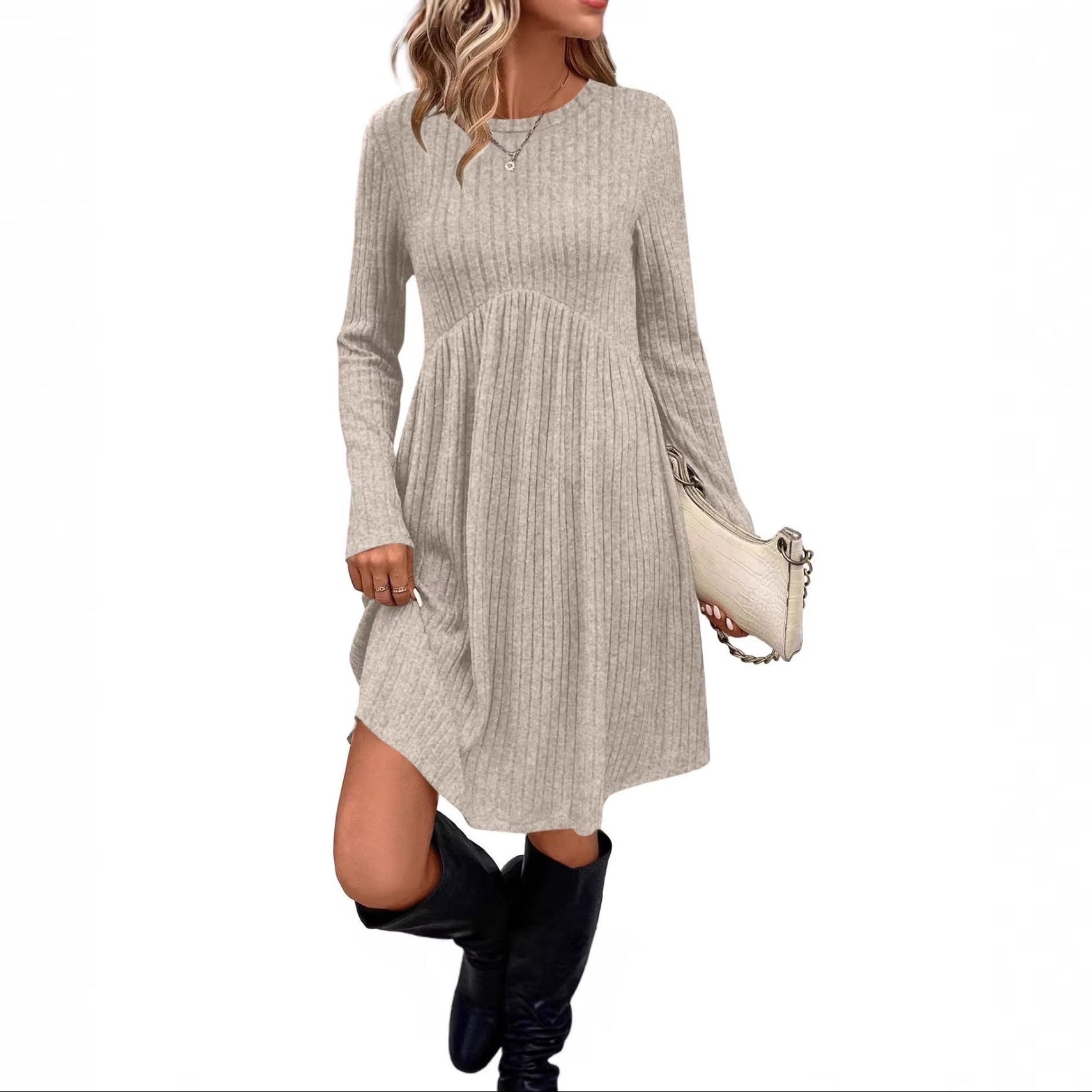 Bohemian Irregular Flocking Pure Color Long Sleeve round Neck Dress Women'S Autumn Winter Polyester Comfortable Casual Commut...