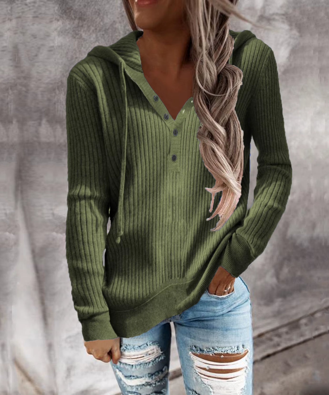 Autumn and Winter New Style Striped Casual Hoodie Loose Knit Sweater Open-Necked Long-Sleeved Sweater Woman