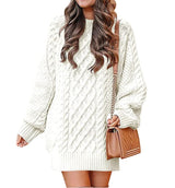 Women'S round Neck Long Sleeve Twisted Knitted Mid-Length Dress Sweater