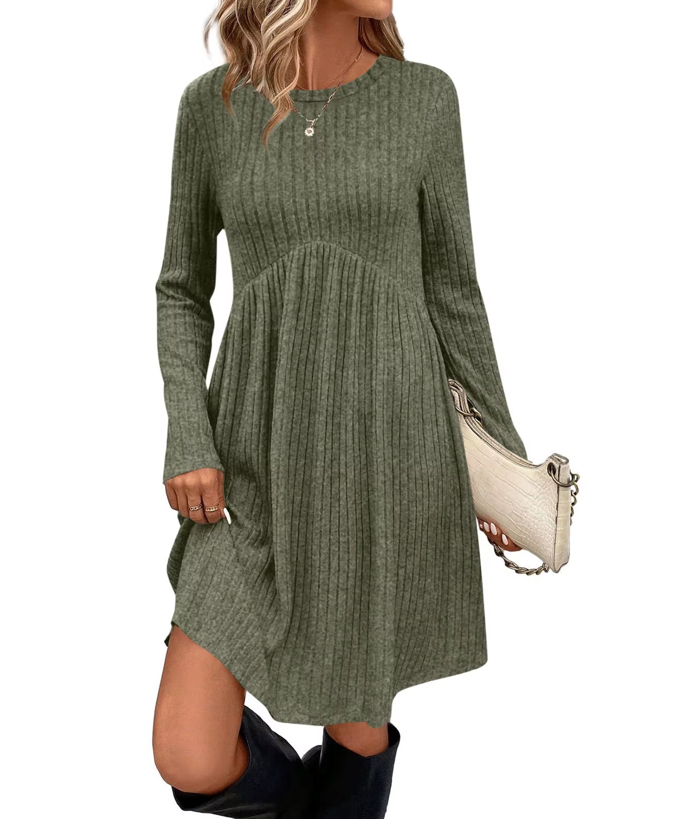 Bohemian Irregular Flocking Pure Color Long Sleeve round Neck Dress Women'S Autumn Winter Polyester Comfortable Casual Commut...