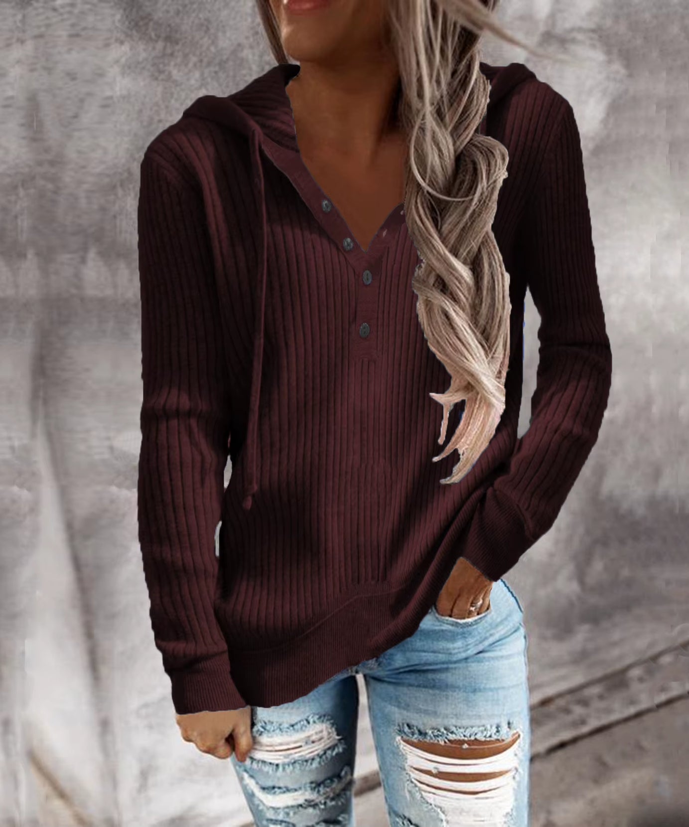 Autumn and Winter New Style Striped Casual Hoodie Loose Knit Sweater Open-Necked Long-Sleeved Sweater Woman