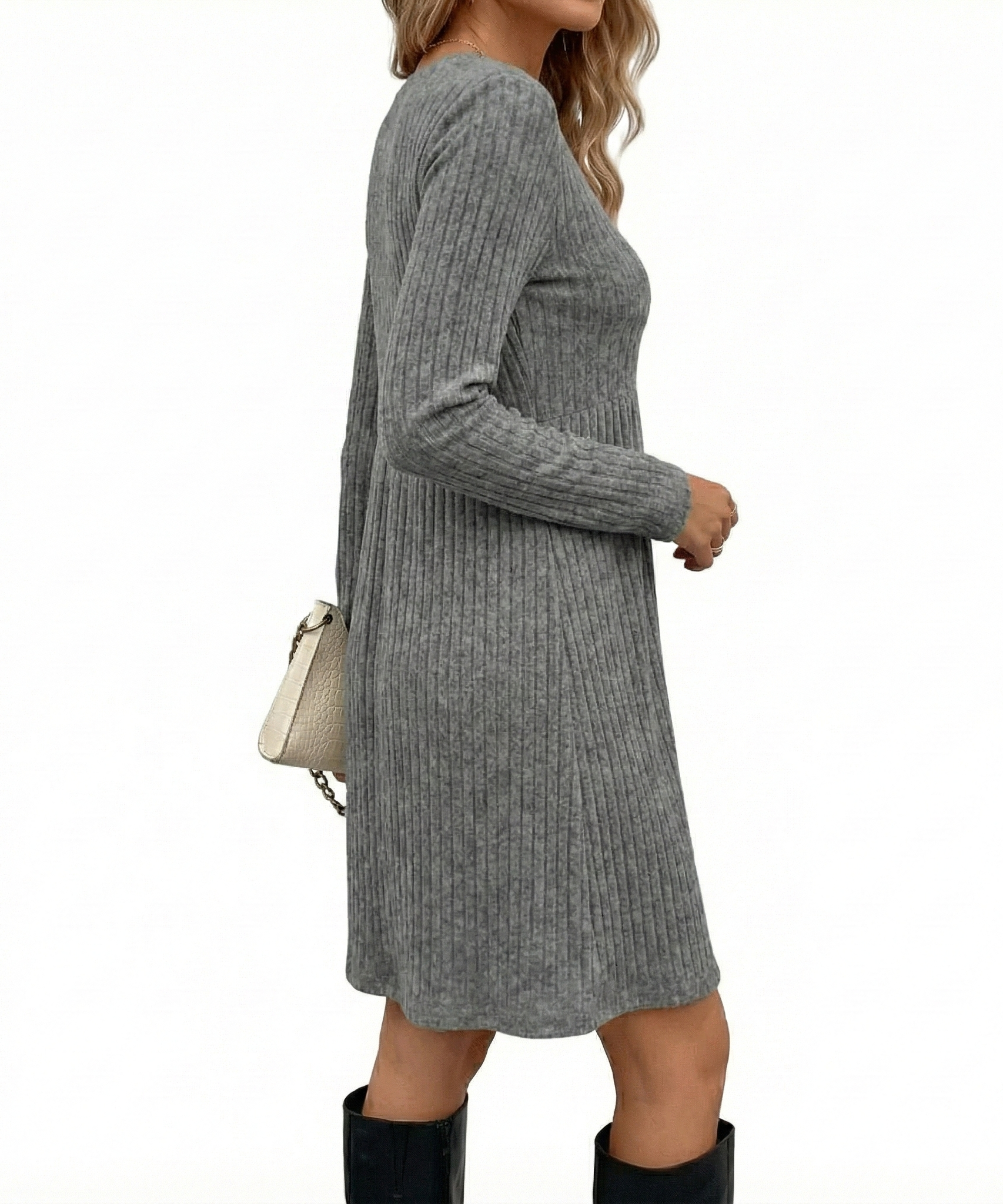 Bohemian Irregular Flocking Pure Color Long Sleeve round Neck Dress Women'S Autumn Winter Polyester Comfortable Casual Commut...