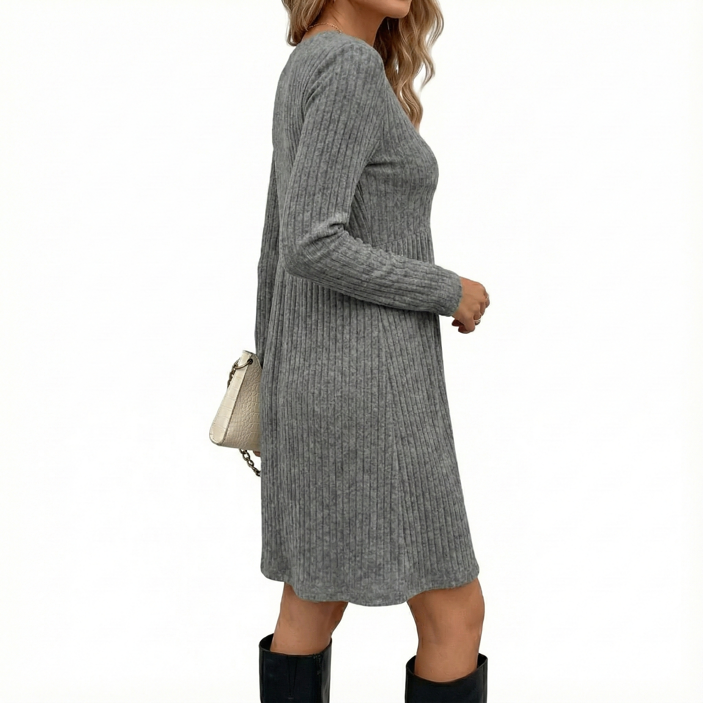 Bohemian Irregular Flocking Pure Color Long Sleeve round Neck Dress Women'S Autumn Winter Polyester Comfortable Casual Commut...