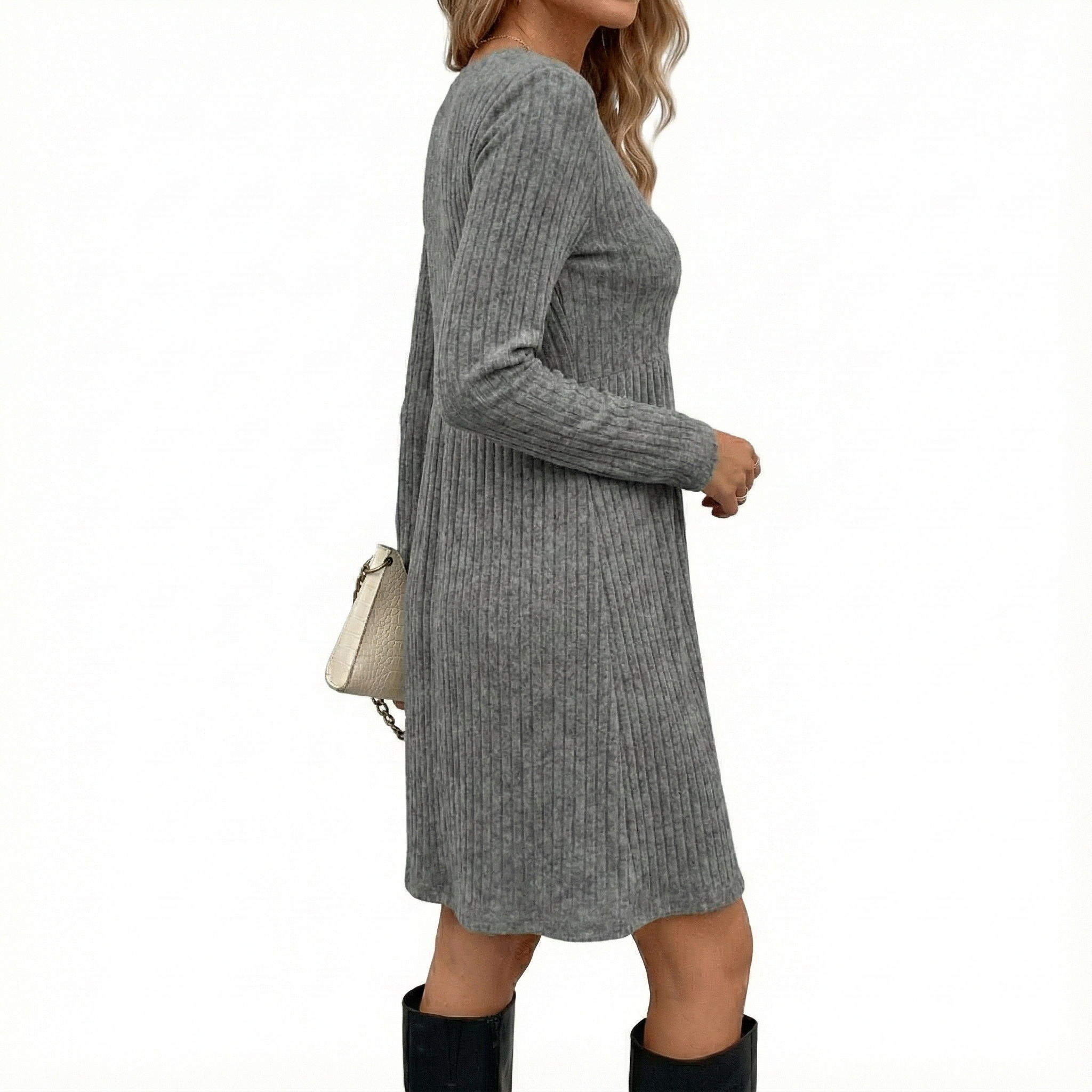 Bohemian Irregular Flocking Pure Color Long Sleeve round Neck Dress Women'S Autumn Winter Polyester Comfortable Casual Commut...