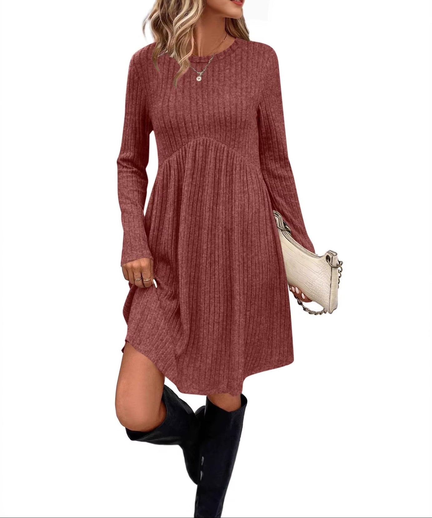 Bohemian Irregular Flocking Pure Color Long Sleeve round Neck Dress Women'S Autumn Winter Polyester Comfortable Casual Commut...