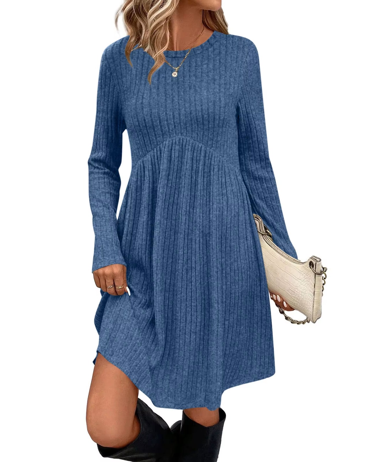 Bohemian Irregular Flocking Pure Color Long Sleeve round Neck Dress Women'S Autumn Winter Polyester Comfortable Casual Commut...