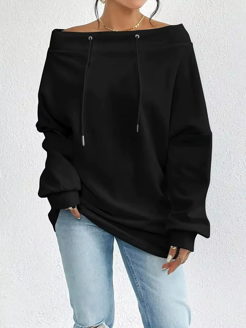 New Autumn and Winter Cross-Border Women'S Sexy off Shoulder Drawstring One Shoulder Loose Sweatshirt from Europe and America