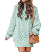 Women'S round Neck Long Sleeve Twisted Knitted Mid-Length Dress Sweater