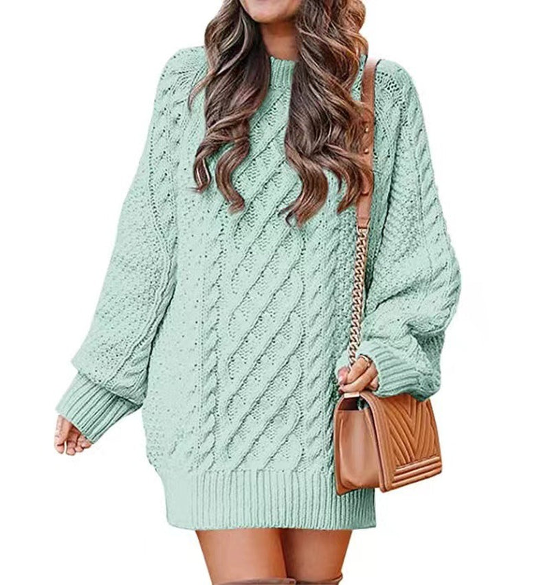Women'S round Neck Long Sleeve Twisted Knitted Mid-Length Dress Sweater