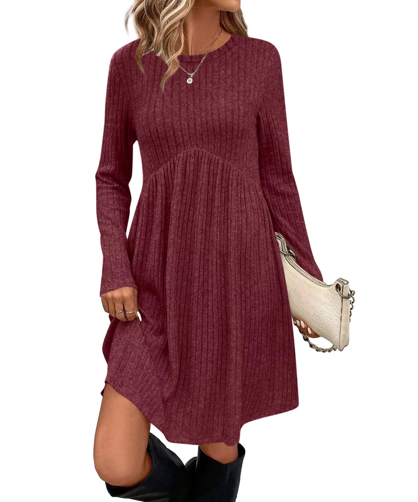 Bohemian Irregular Flocking Pure Color Long Sleeve round Neck Dress Women'S Autumn Winter Polyester Comfortable Casual Commut...