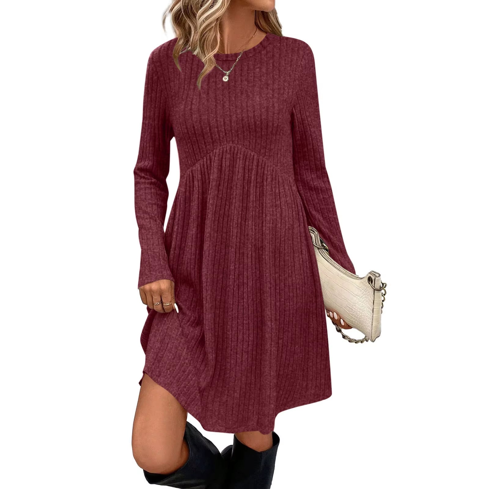 Bohemian Irregular Flocking Pure Color Long Sleeve round Neck Dress Women'S Autumn Winter Polyester Comfortable Casual Commut...