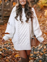 Women'S round Neck Long Sleeve Twisted Knitted Mid-Length Dress Sweater
