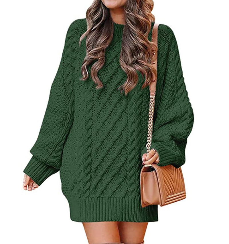 Women'S round Neck Long Sleeve Twisted Knitted Mid-Length Dress Sweater
