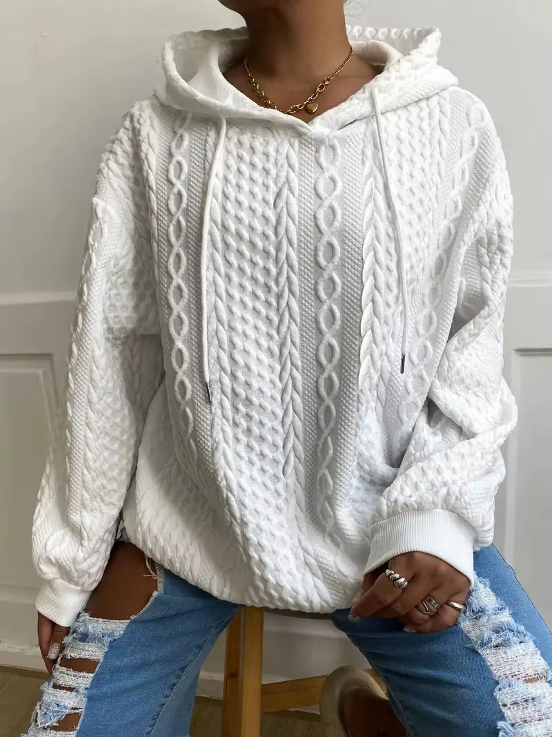New Women'S Casual Jacquard Loose Hooded Fashionable Long Sleeved Knitted Sweatshirt