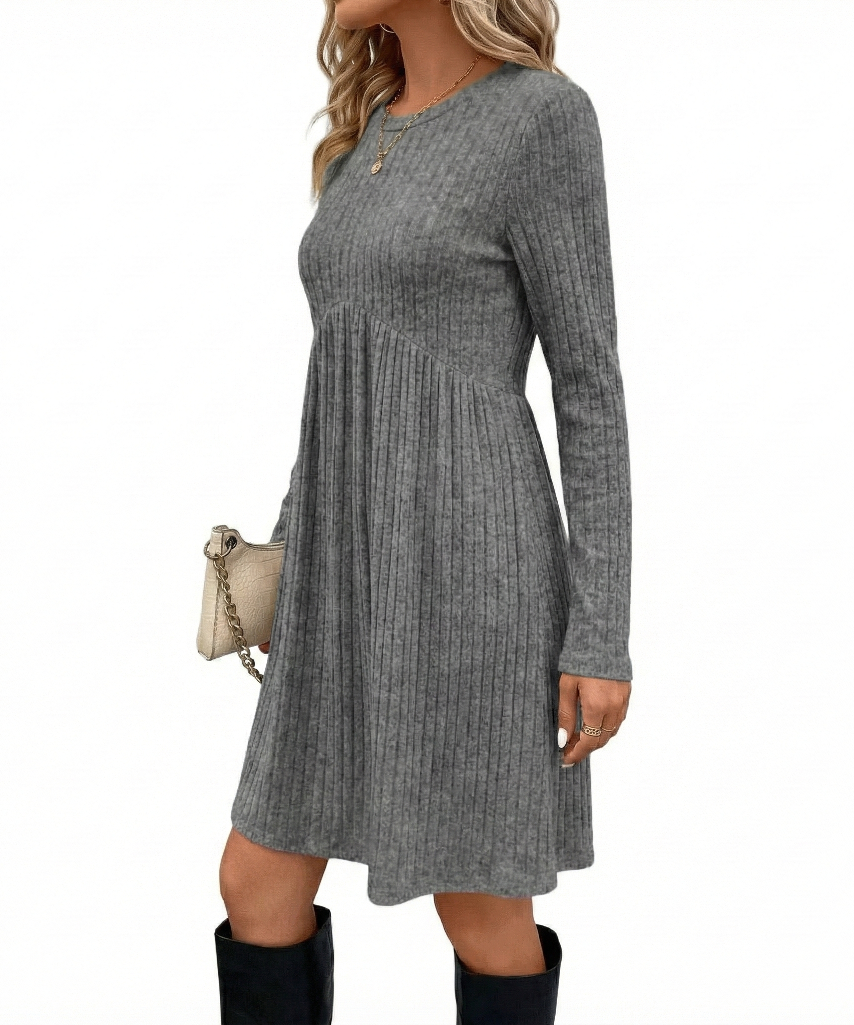 Bohemian Irregular Flocking Pure Color Long Sleeve round Neck Dress Women'S Autumn Winter Polyester Comfortable Casual Commut...