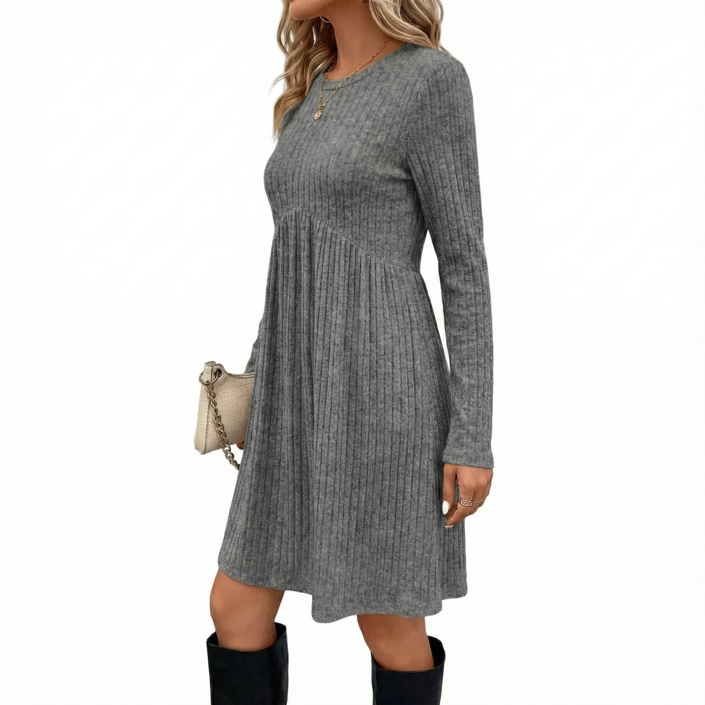 Bohemian Irregular Flocking Pure Color Long Sleeve round Neck Dress Women'S Autumn Winter Polyester Comfortable Casual Commut...