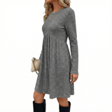 Bohemian Irregular Flocking Pure Color Long Sleeve round Neck Dress Women'S Autumn Winter Polyester Comfortable Casual Commut...