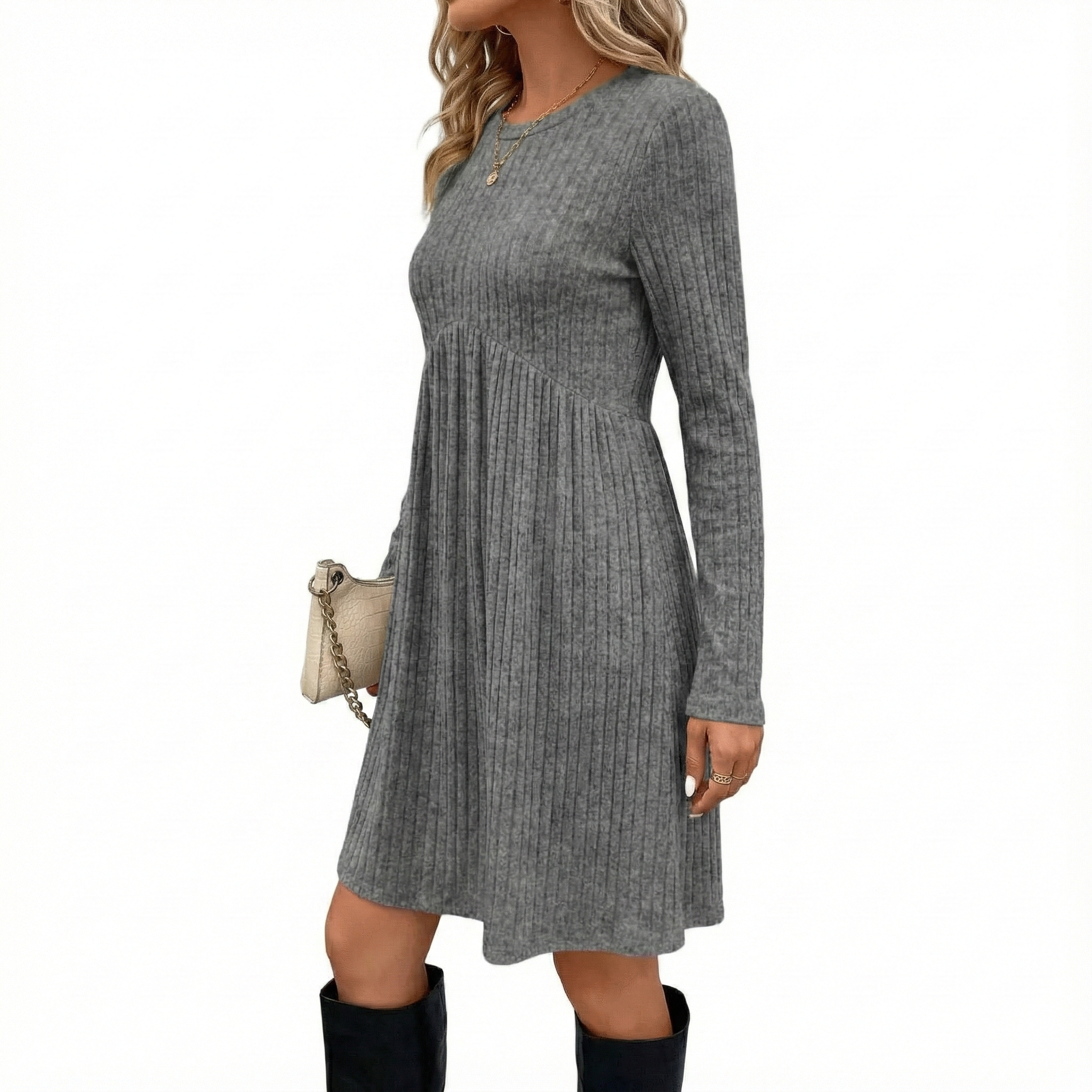 Bohemian Irregular Flocking Pure Color Long Sleeve round Neck Dress Women'S Autumn Winter Polyester Comfortable Casual Commut...