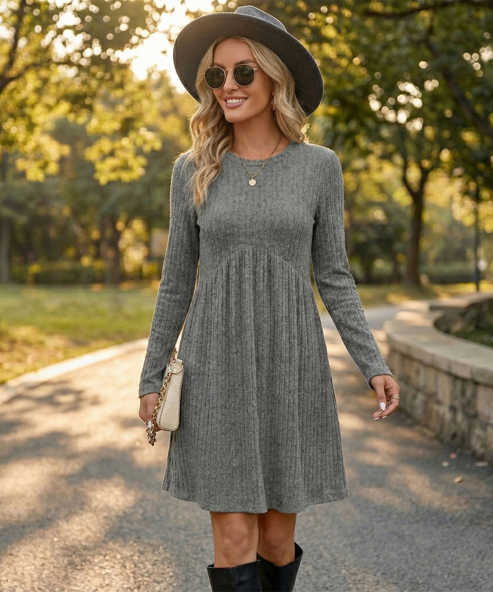 Bohemian Irregular Flocking Pure Color Long Sleeve round Neck Dress Women'S Autumn Winter Polyester Comfortable Casual Commut...