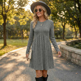 Bohemian Irregular Flocking Pure Color Long Sleeve round Neck Dress Women'S Autumn Winter Polyester Comfortable Casual Commut...