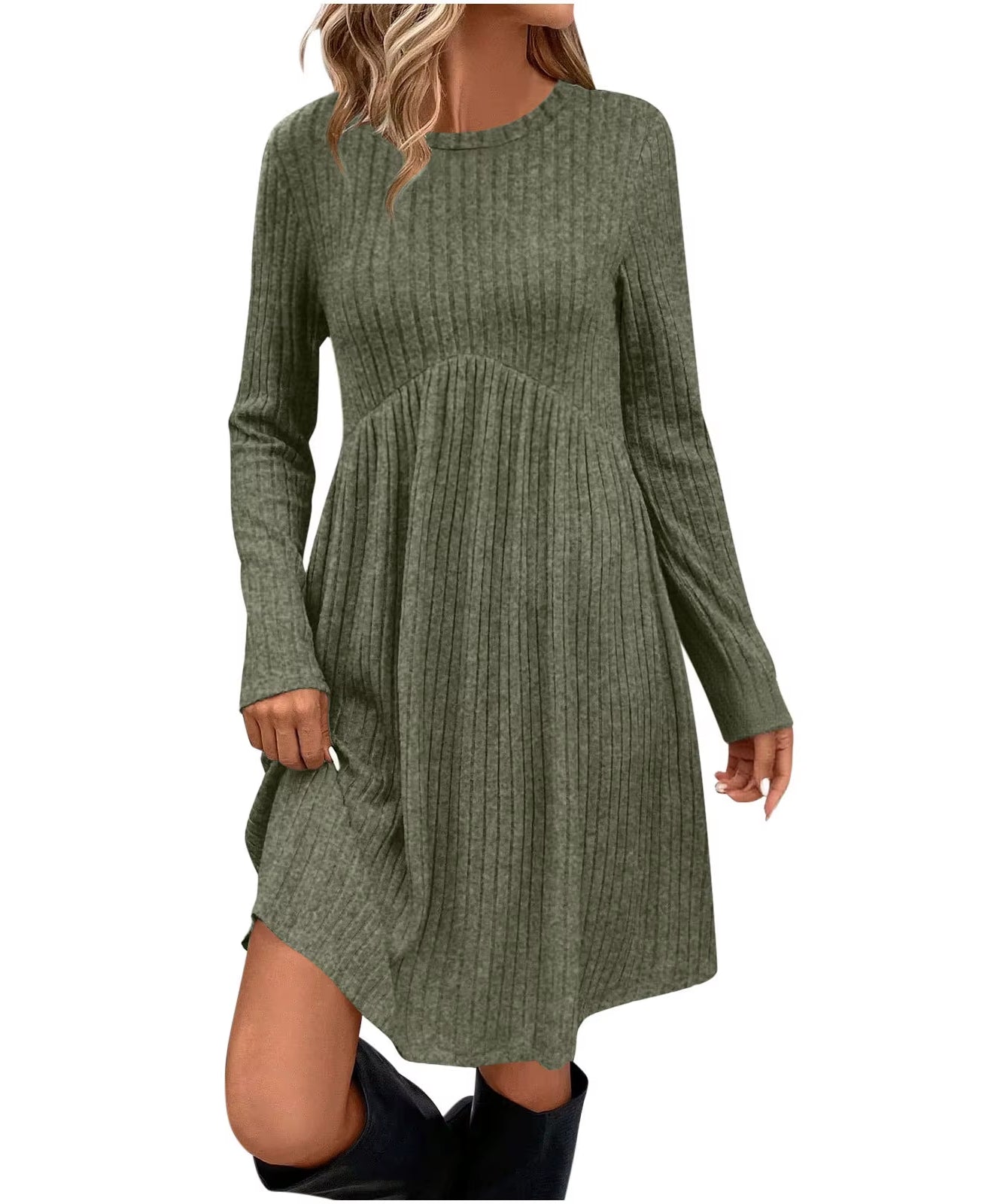 Bohemian Irregular Flocking Pure Color Long Sleeve round Neck Dress Women'S Autumn Winter Polyester Comfortable Casual Commut...