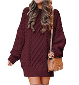 Women'S round Neck Long Sleeve Twisted Knitted Mid-Length Dress Sweater
