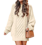 Women'S round Neck Long Sleeve Twisted Knitted Mid-Length Dress Sweater