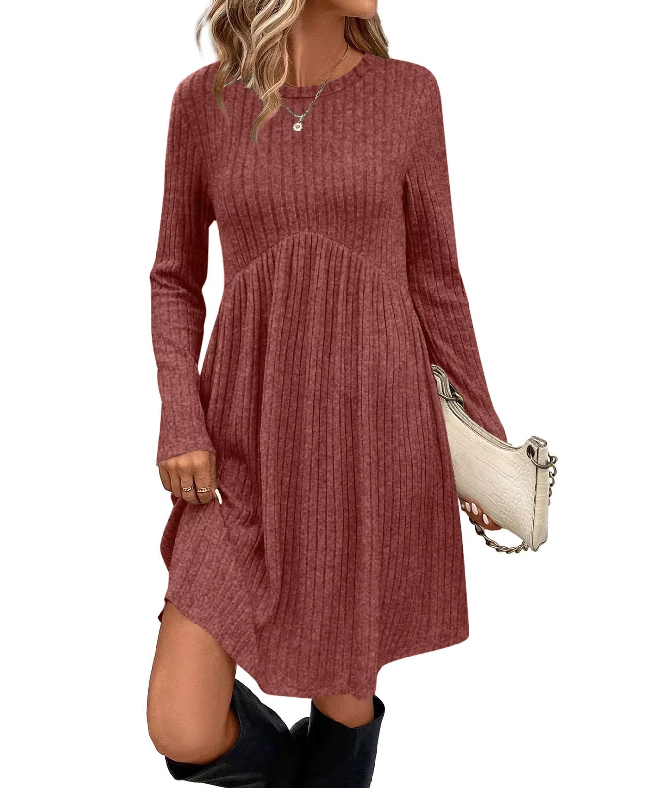 Bohemian Irregular Flocking Pure Color Long Sleeve round Neck Dress Women'S Autumn Winter Polyester Comfortable Casual Commut...