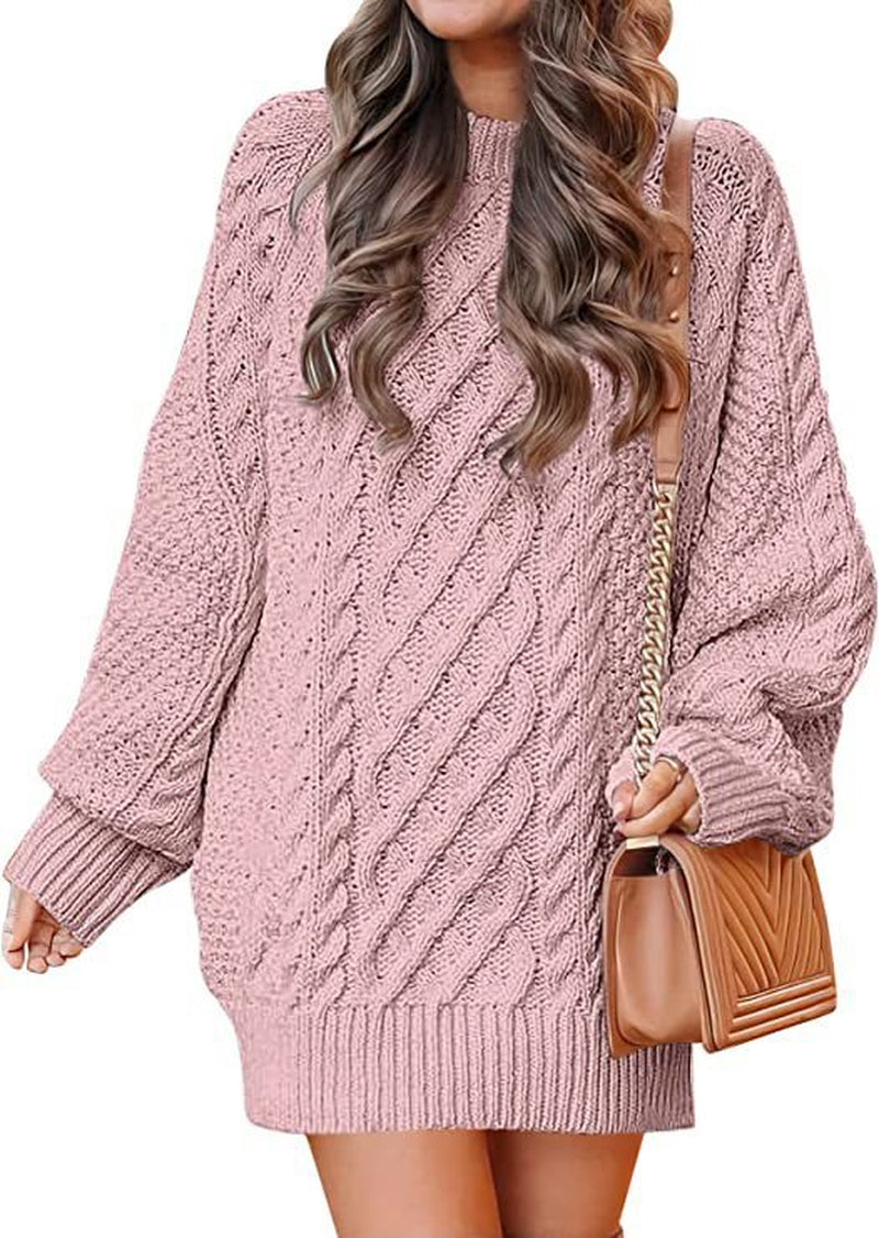 Women'S round Neck Long Sleeve Twisted Knitted Mid-Length Dress Sweater