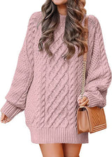 Women'S round Neck Long Sleeve Twisted Knitted Mid-Length Dress Sweater