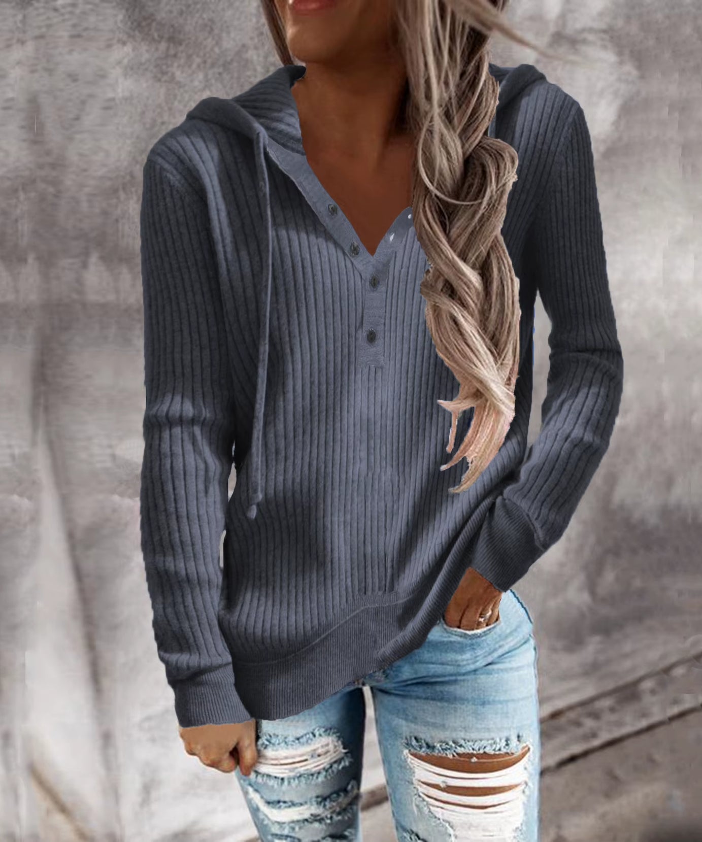 Autumn and Winter New Style Striped Casual Hoodie Loose Knit Sweater Open-Necked Long-Sleeved Sweater Woman