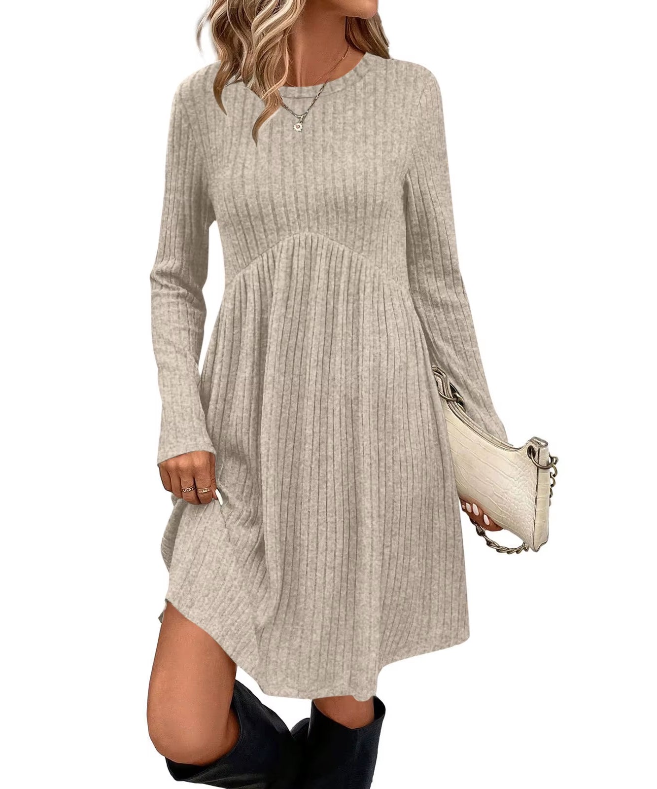 Bohemian Irregular Flocking Pure Color Long Sleeve round Neck Dress Women'S Autumn Winter Polyester Comfortable Casual Commut...