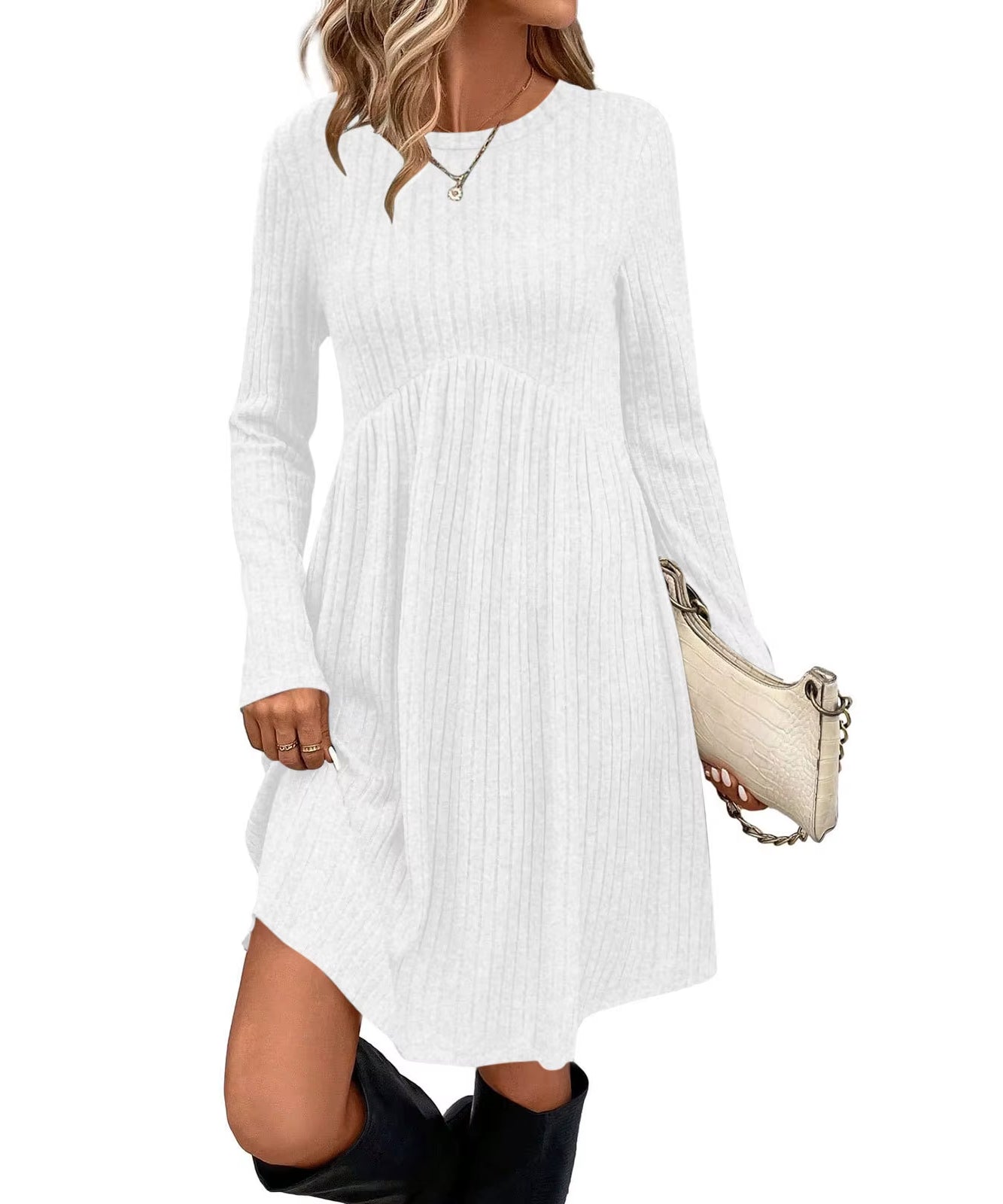 Bohemian Irregular Flocking Pure Color Long Sleeve round Neck Dress Women'S Autumn Winter Polyester Comfortable Casual Commut...