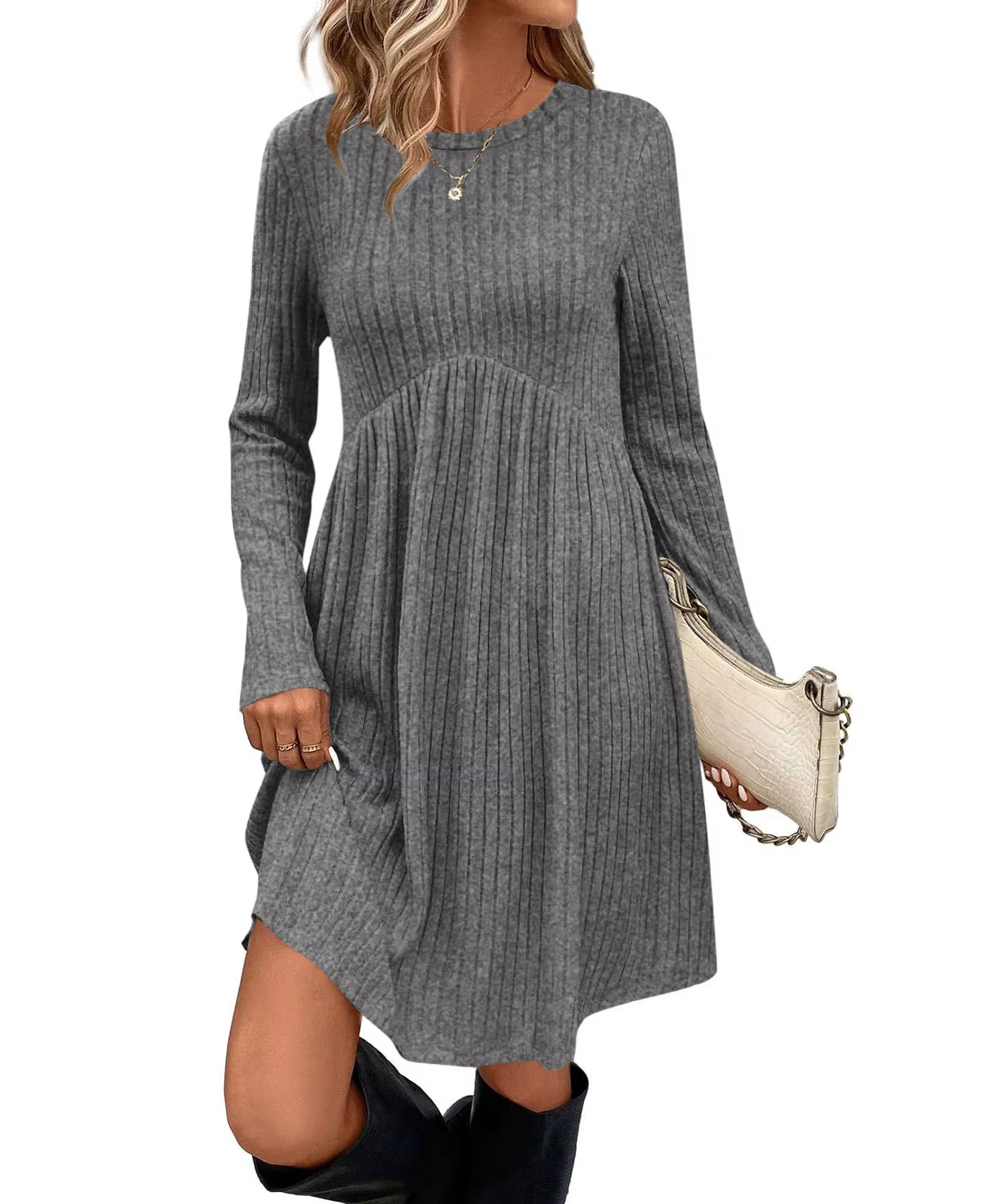 Bohemian Irregular Flocking Pure Color Long Sleeve round Neck Dress Women'S Autumn Winter Polyester Comfortable Casual Commut...