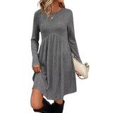 Bohemian Irregular Flocking Pure Color Long Sleeve round Neck Dress Women'S Autumn Winter Polyester Comfortable Casual Commut...