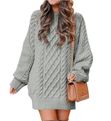 Women'S round Neck Long Sleeve Twisted Knitted Mid-Length Dress Sweater