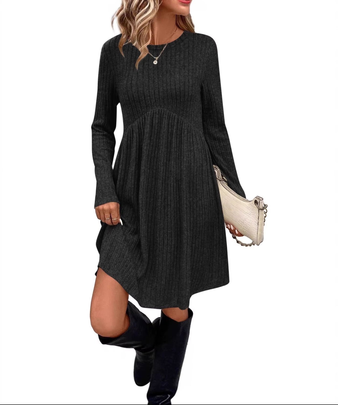 Bohemian Irregular Flocking Pure Color Long Sleeve round Neck Dress Women'S Autumn Winter Polyester Comfortable Casual Commut...