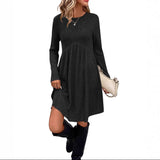 Bohemian Irregular Flocking Pure Color Long Sleeve round Neck Dress Women'S Autumn Winter Polyester Comfortable Casual Commut...