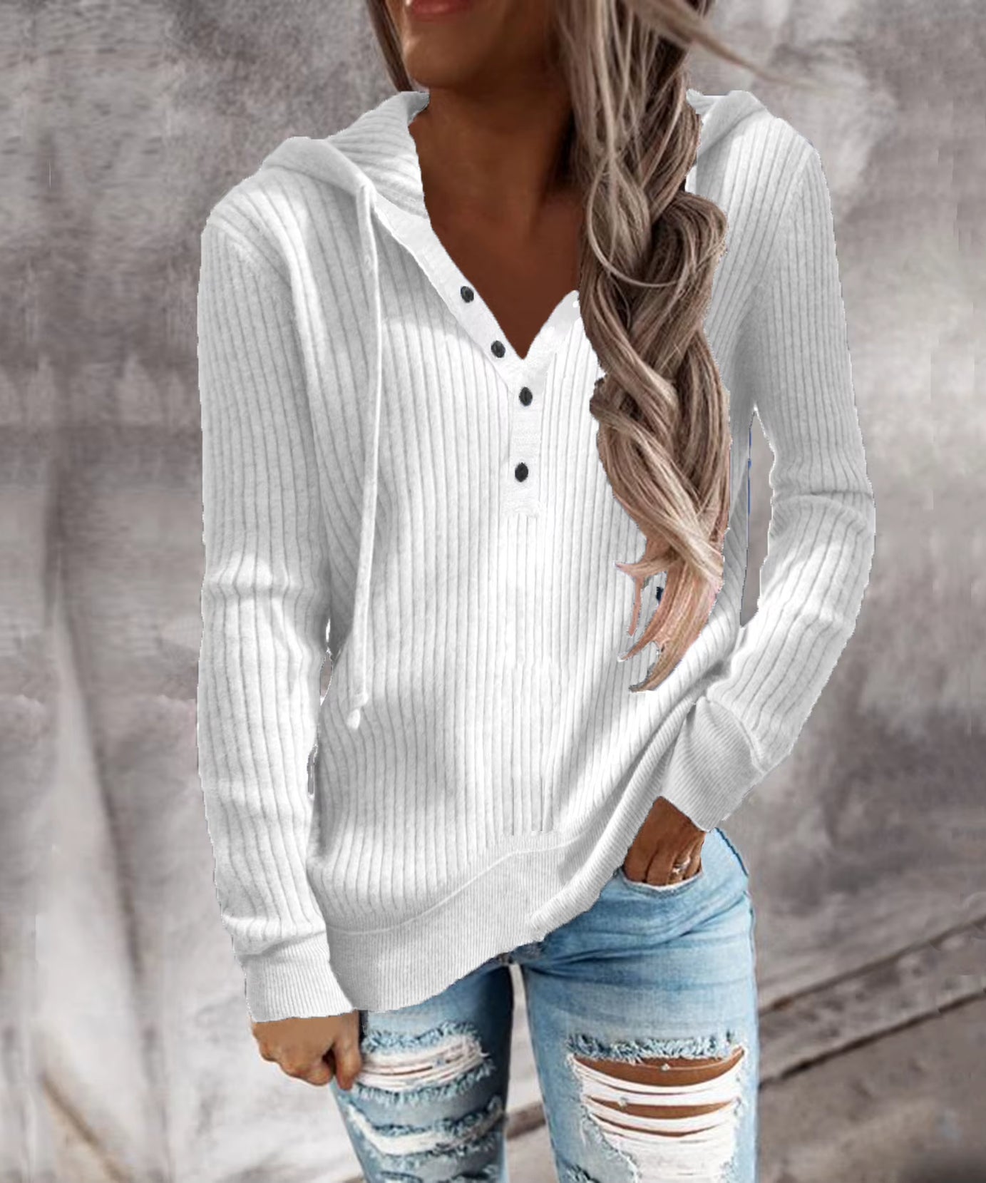 Autumn and Winter New Style Striped Casual Hoodie Loose Knit Sweater Open-Necked Long-Sleeved Sweater Woman