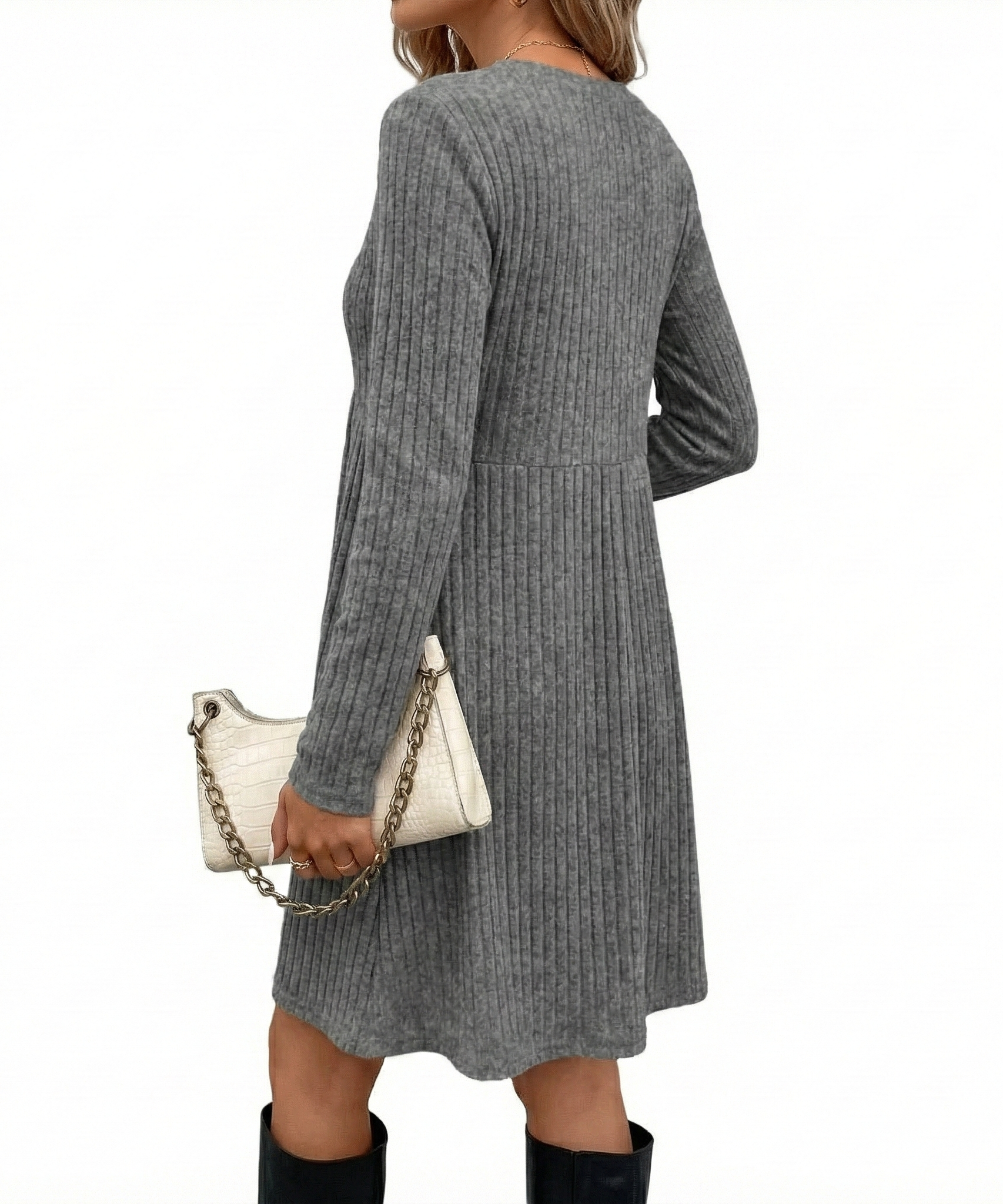 Bohemian Irregular Flocking Pure Color Long Sleeve round Neck Dress Women'S Autumn Winter Polyester Comfortable Casual Commut...