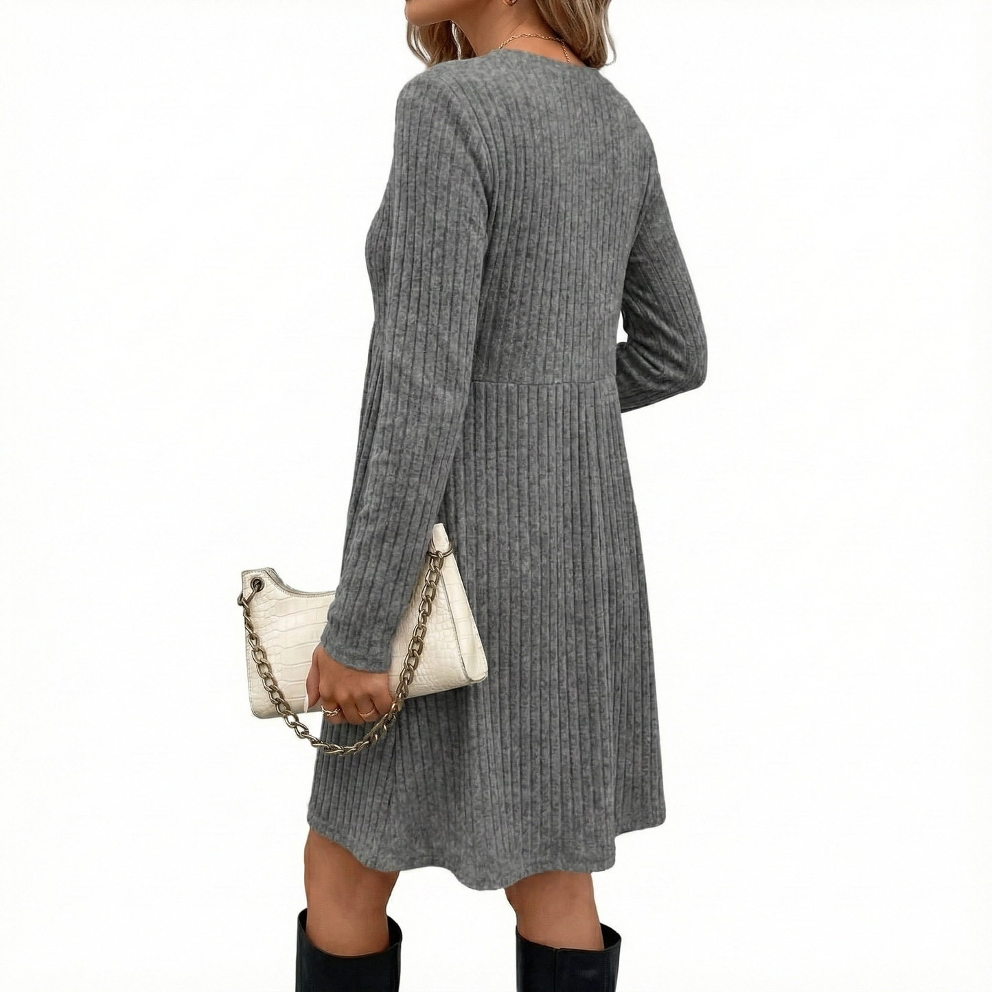 Bohemian Irregular Flocking Pure Color Long Sleeve round Neck Dress Women'S Autumn Winter Polyester Comfortable Casual Commut...