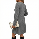 Bohemian Irregular Flocking Pure Color Long Sleeve round Neck Dress Women'S Autumn Winter Polyester Comfortable Casual Commut...