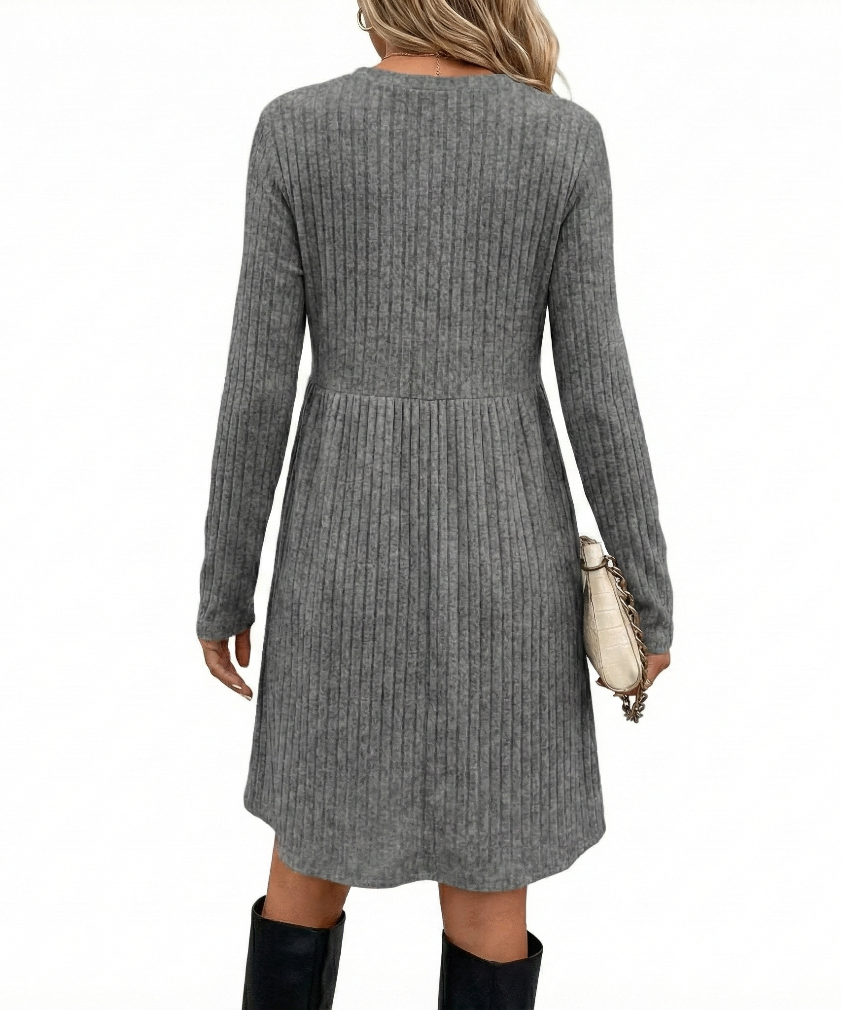 Bohemian Irregular Flocking Pure Color Long Sleeve round Neck Dress Women'S Autumn Winter Polyester Comfortable Casual Commut...