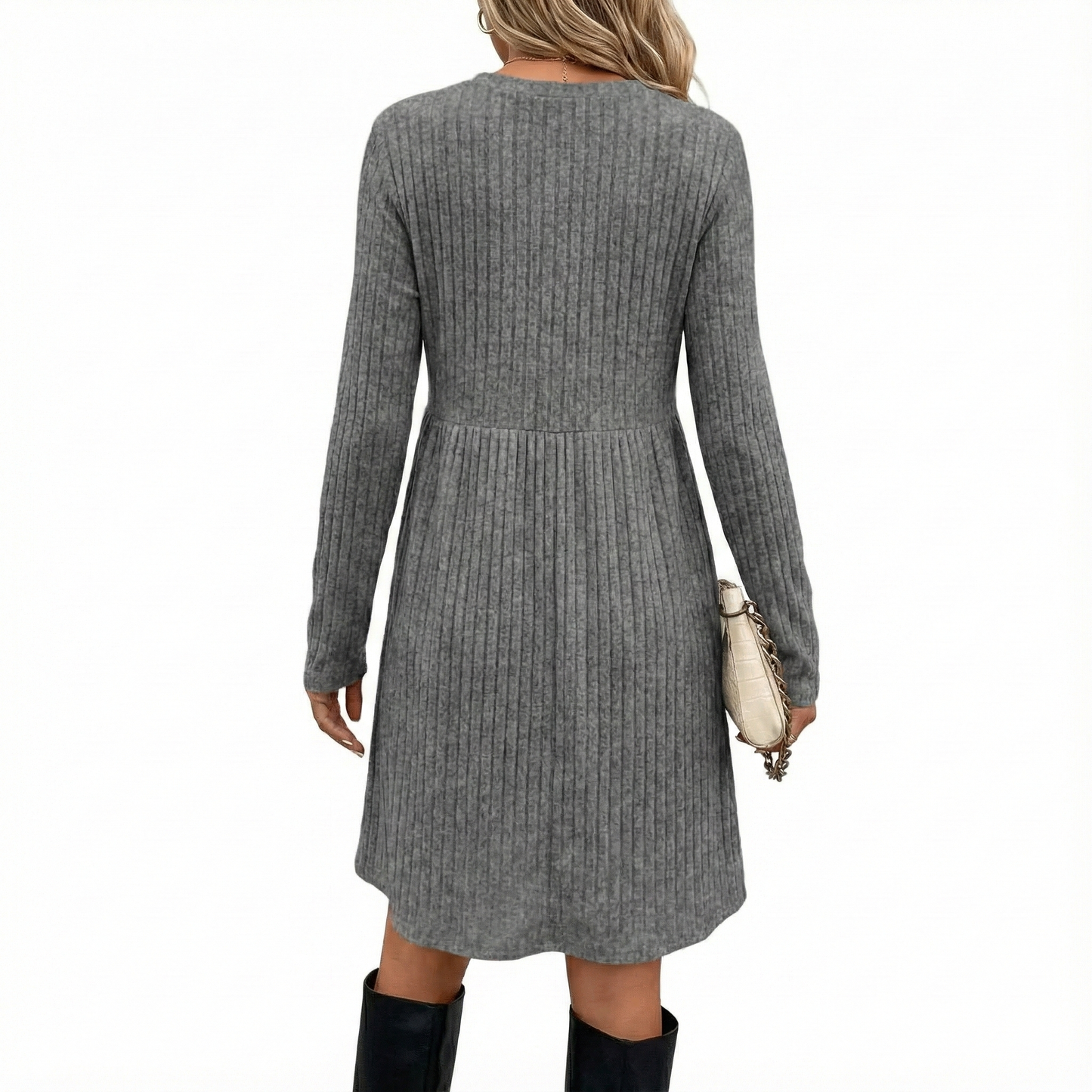 Bohemian Irregular Flocking Pure Color Long Sleeve round Neck Dress Women'S Autumn Winter Polyester Comfortable Casual Commut...